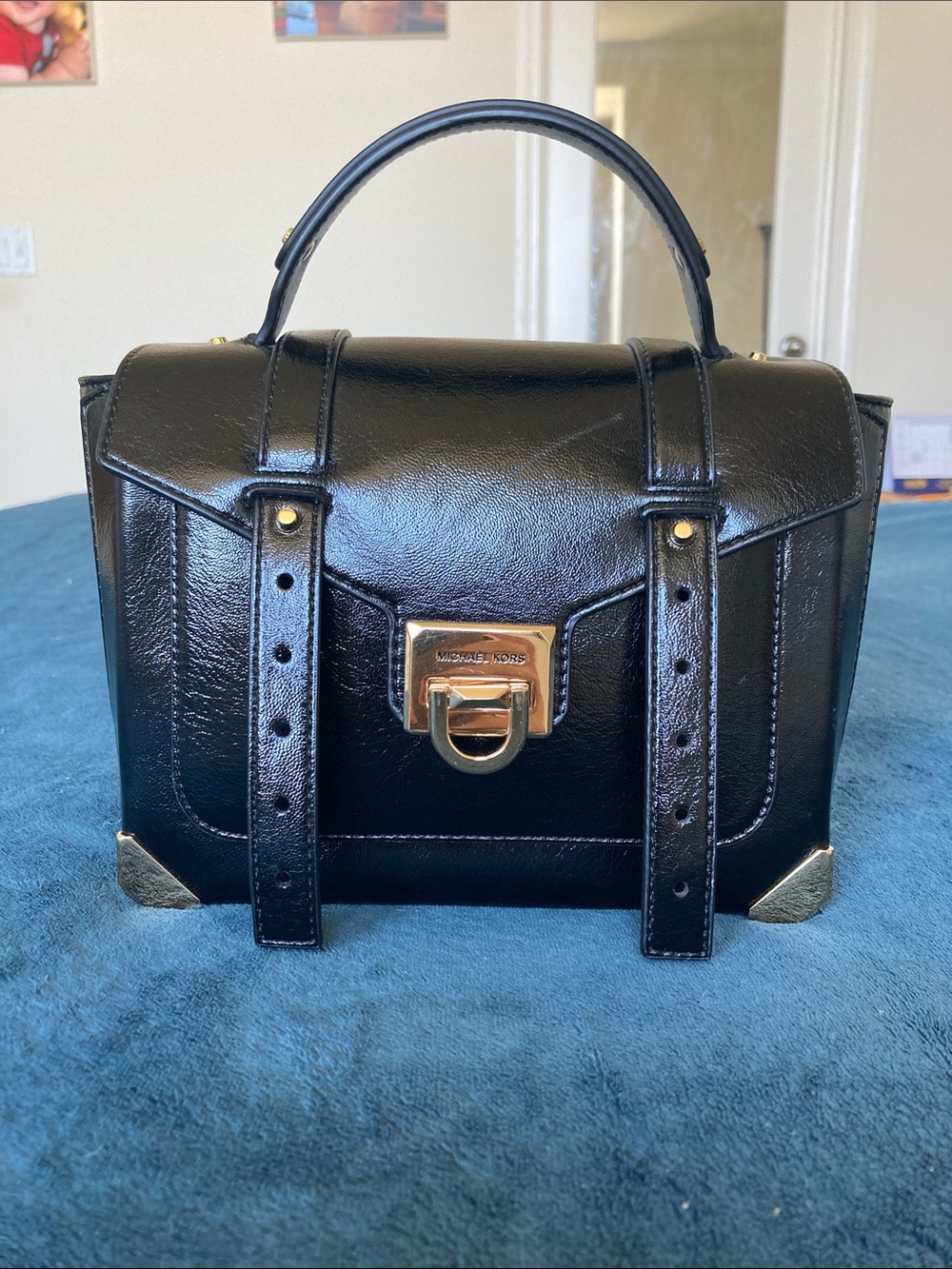 Michael Kors Manhattan Medium Patent Satchel in Black with Gold Hardware